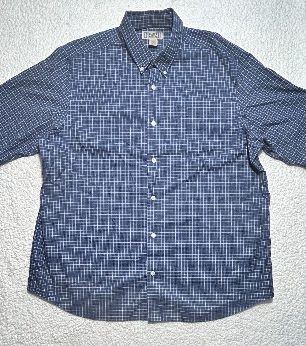 Duluth Trading Co Mens XL Long Sleeve Shirt Wrinkle Fighter Blue Plaid Check XL